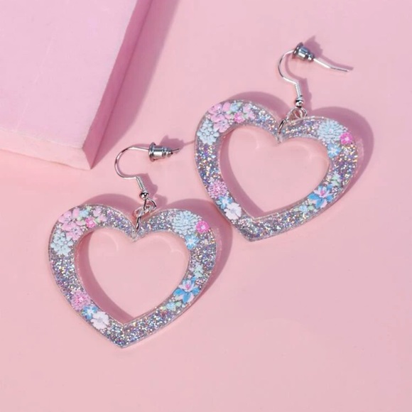 💜 Awesome Large Iridescent Heart Floral Flower Drop Earrings 💜 - Picture 3 of 4